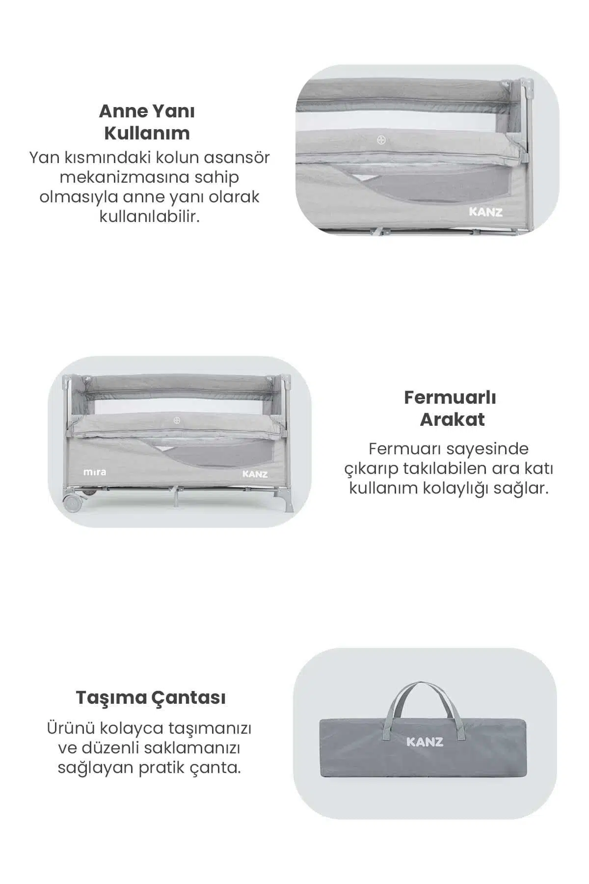 Kanz Mira Anne Yanı Oyun Parkı 70x120 (Yatak Hediye) Gri Kanz Mira Anne Yanı Oyun Parkı 70x120 (Yatak Hediye) Gri