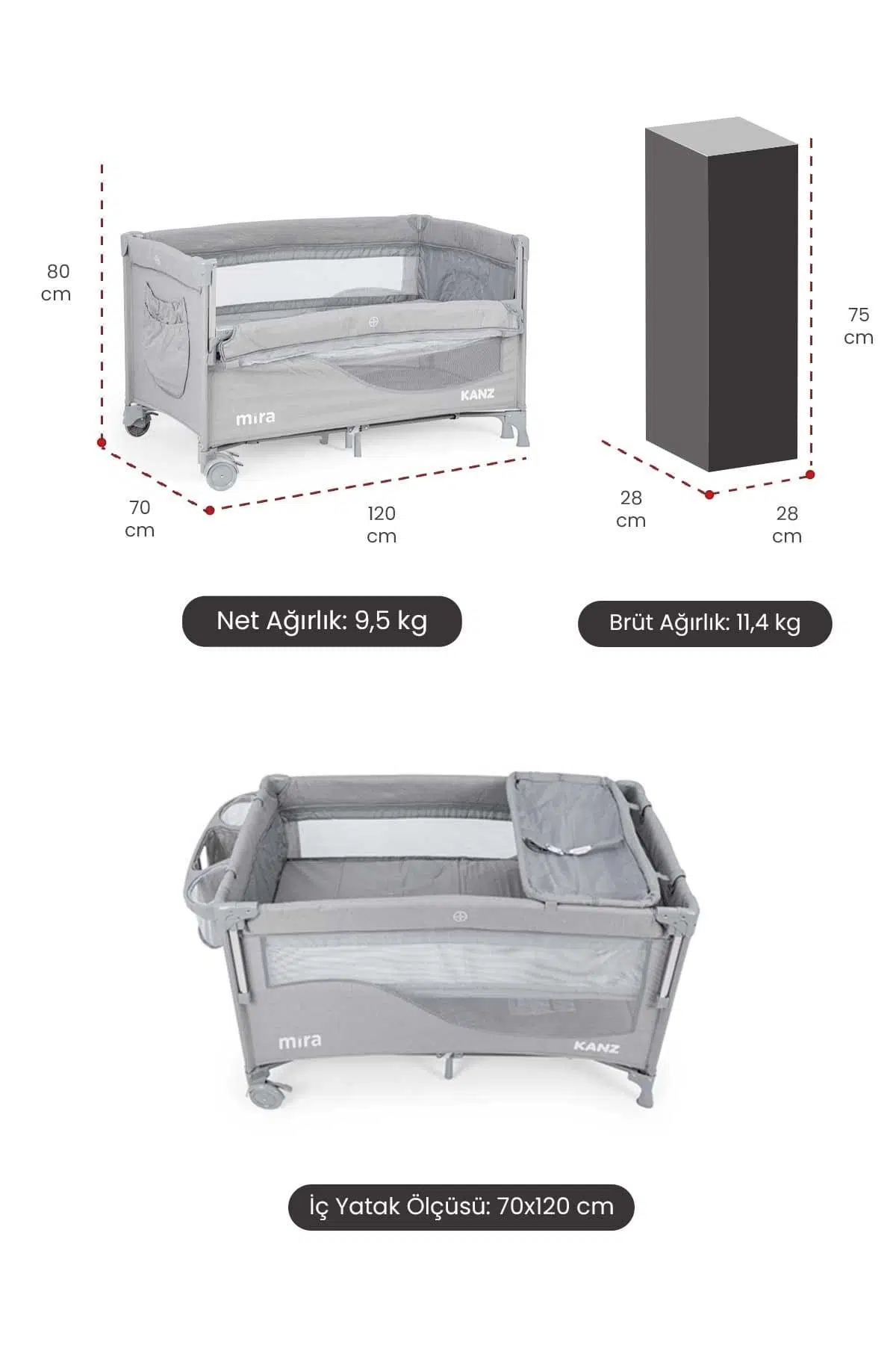 Kanz Mira Anne Yanı Oyun Parkı 70x120 (Yatak Hediye) Gri Kanz Mira Anne Yanı Oyun Parkı 70x120 (Yatak Hediye) Gri
