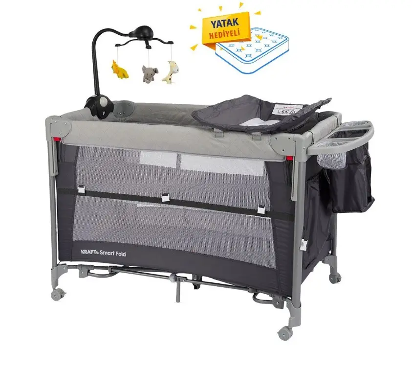 Kraft Smart Fold Anne Yanı Oyun Parkı 60x104 (Yatak Hediye) Koyu Gri