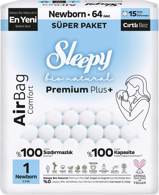 Sleepy Bio Natural Premium Plus Airbag Comfort Bebek Bezi 1 Beden 64 Adet 